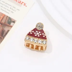 Christmas hat hair claw clip metal rhinestone red holiday small shark clip for women styling