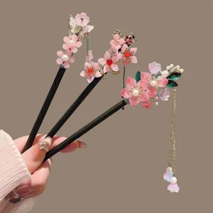 Elegant Handmade Wooden Hair Stick Long Tassel Fringe Hairpin Pink Flower Artificial Pearl Hanfu Hair Chopstick For Women Jewelry