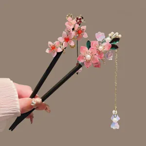 Chinese vintage wooden hair stick with pink flower and tassel for Hanfu and daily wear