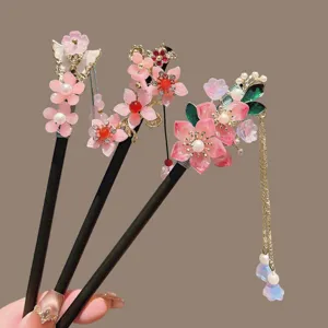 Chinese style wooden hair stick set with pink floral tassels for Hanfu and vintage updo.
