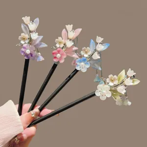 Chinese style floral hair stick set, elegant wooden hairpin with tassels for women hanfu.