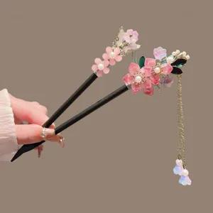 Chinese style wooden hair fork with pink flower and tassel, elegant Hanfu hair accessory for women