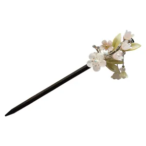 Fresh floral antique style hair stick with wooden base and delicate tassel for traditional Chinese outfit