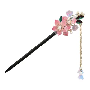 Elegant Chinese style wooden hair stick with pink floral charms and delicate pearl tassels for hanfu.