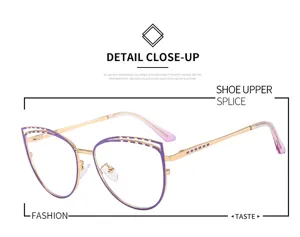 Metal cat eye reading glasses detail close up, stylish purple and gold fashion eyewear design.