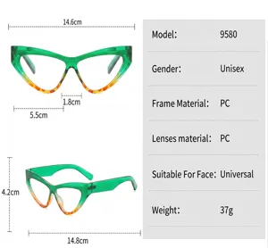 Detailed view of gradient green cat eye glasses with precise dimensions and specs.