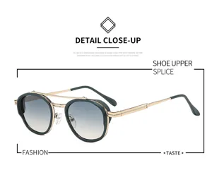 Dettaglio occhiali da sole ovali vintage a doppio ponte, design alla moda per uomo e donna.