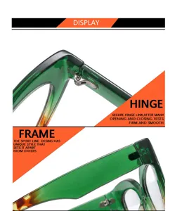Green gradient cat eye eyeglasses frame hinge detail showing robust metal joint construction