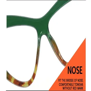 Close up detail view of stylish green and tortoise shell gradient cat eye frame bridge.