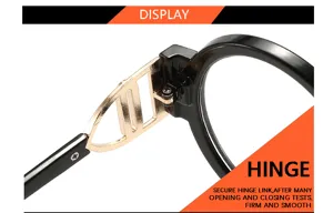 Primer plano de gafas de lectura con diseño de patillas metálicas huecas y bisagra firme.