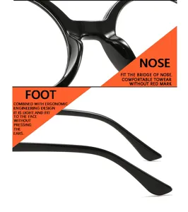 Primer plano de la montura de gafas negra, patilla ergonómica y cómodo puente nasal.