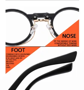 Gedetailleerd overzicht van retro ronde brillen met ergonomische pootjes en neuspads.