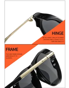 Close-up detail view of retro cat-eye sunglasses highlighting metal hinge and frame.