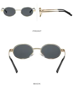 Metal small frame oval sunglasses unisex vintage fashion black lens gold frame street style