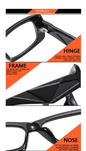 Vista detallada de montura de gafas negra elegante con patillas geométricas y puente nasal.