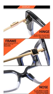 Stylish large frame optical glasses with metal hinge and comfortable nose pad details.