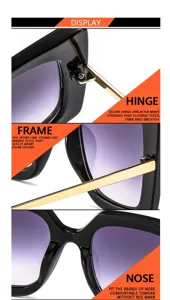 Sunglasses detail view showing durable hinge, unique frame design and comfortable nose bridge.