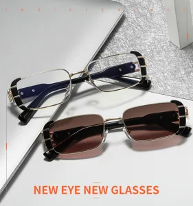 Detailed view of trendy metal square optical glasses and sunglasses, vintage design.