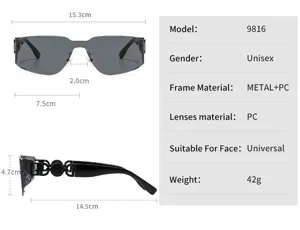 Schéma dimensionnel détaillé et spécifications des lunettes de soleil unisexes sans monture.