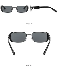 Detailed view of trendy metal square sunglasses featuring black frames and dark lenses.