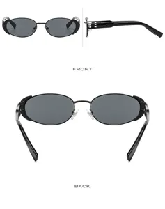 Trendy metal oval sunglasses for women, retro black frame stylish streetwear eyewear.