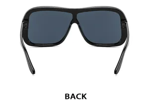 Close-up rear perspective of stylish black oversized square sunglasses displaying frame details.