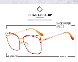 Vue de détail en gros plan de la monture de lunettes métal chat rouge or pour femme.