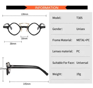 Unisex punk geometric metal and PC optical glasses T305 with detailed size specifications.