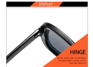 Close-up of black narrow frame shield sunglasses metal hinge detail, durable and smooth design.