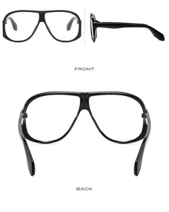 Detailansicht der trendigen, übergroßen schwarzen Flachkopf-Brille mit Front- und Seitenstruktur.