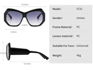 Gafas de sol irregulares elegantes de PC con diseño unisex y dimensiones detalladas.