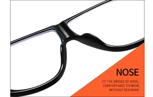 Nahaufnahme des schwarzen Brillen-Nasenstegs, ergonomisches, bequemes Design für Alltag.