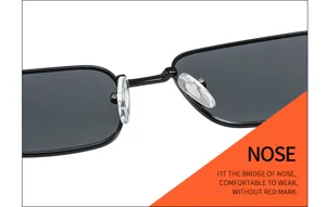 Metal square sunglasses detail close-up showing comfortable nose pads and sleek black frame.