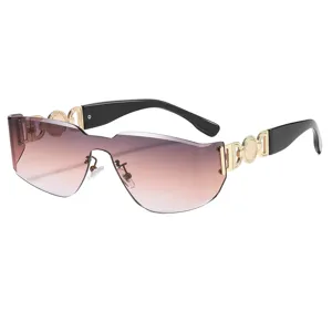 Lunettes de Soleil Sans Monture Tendance Unisexe Bord Coupé Lentille Monobloc Incurvée Décoration Métallique Luxe Lunettes Dégradées Protection Solaire
