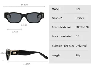 Unisex smalle vierkante zonnebril met metalen PC frame modieuze brillen model 321.