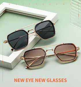 Stijlvolle dubbele brug vintage zonnebril voor heren en dames, premium metalen retro bril.