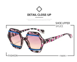 Detail close-up of unique geometric irregular frame sunglasses with chic gradient lenses.