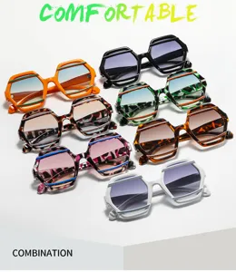 Trendy irregular fashion sunglasses for men and women with unique color block frame design.