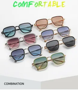 Unisex vintage τετράγωνα γυαλιά ηλίου με μεταλλική διπλή γέφυρα και χρωματιστούς φακούς.