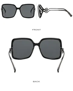 Gafas de sol cuadradas de moda para mujer, patillas de metal de lujo, montura negra elegante.