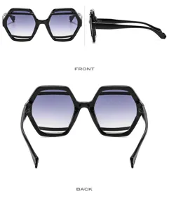 Detailed view of trendy geometric hexagonal gradient sunglasses for women and men fashion eyewear.