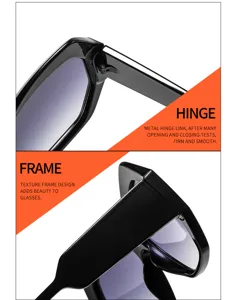 Gafas de sol negras irregulares elegantes con detalle de bisagra metálica y montura suave.