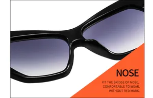 Vista detallada de elegantes gafas de sol ojo de gato irregulares con lentes degradadas.