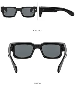 Vue détaillée de lunettes de soleil carrées tendance à monture épaisse et décors de flèches métal
