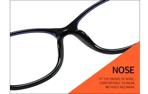 Primer plano detallado del puente de la montura de gafas negra, ajuste cómodo para uso diario.