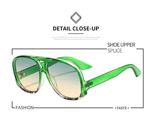 Green gradient aviator sunglasses detailed close-up showing unique thick frame and UV protection.