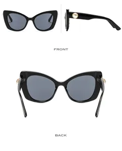 Chique cat-eye zonnebril voor dames, stijlvol zwart montuur met elegante pareldetails.