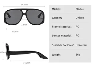 Detailed dimension and specification chart of the unisex aviator sunglasses model M6201.