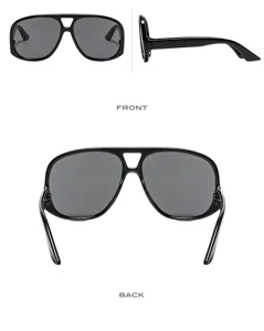 Close-up view of black aviator sunglasses with bold frame, double bridge and low temples.