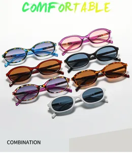 Vista dettagliata di occhiali da sole ovali retro alla moda in vari colori per donna.